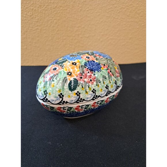 Polish Pottery Floral Egg Trinket Box Boleslawiec Hand Painted 1 QTY 5 - Picture 2 of 8